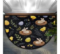 Axurera Tapis demi-rond, motif poussins de lapin de Pâques mignons sur noir, paillasson semi-circulaire lavable pour entrée, salle de bains, chambre à coucher, paillasson antidérapant, 91,4 x 61 cm