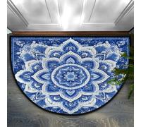 Axurera Tapis demi-rond style bohème à motif mandala floral bleu foncé, antidérapant, lavable pour entrée, salle de bains, chambre à coucher, 91,4 x 61 cm