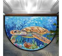 Axurera Tapis demi-rond, tapis semi-circulaire lavable, motif tortue de mer profonde, algues, pour entrée, salle de bains, chambre à coucher, paillasson antidérapant, 91,4 x 61 cm