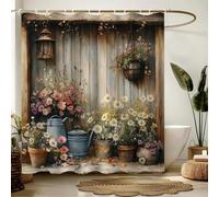 AXUWUH Étagère Rustique en Bois avec Rideau de Douche Fleuri, théière et Fleurs Bleues Vintage, décoration de Salle de Bain paisible 80x150cm(31,5x59,06 Pouces)