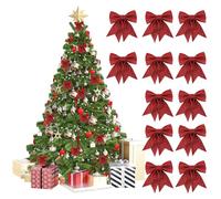 AXVRAV Lot de 12 grands nœuds de Noël rouges - 12 x 15 cm - Nœuds à paillettes pour décoration de sapin de Noël - Cadeau de fête