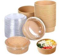 AXVRAV Lot de 25 bols à salade en papier kraft avec couvercle - 500 ml - Bol à salade bio - En papier kraft - Pour salades, collations, soupes, céréales, ronds, papier dur
