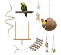 AXVRAV Lot de 7 jouets pour oiseaux, perruches et perroquets, en bois naturel, accessoires de cage à oiseaux, avec échelle en noix de coco, hamac et perchoir pour escalader, balancer et mâcher