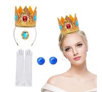 Axvxby Lot de 4 accessoires de costume de princesse Peach pour fille - Couronne, boucles d'oreilles, gants, broche pour carnaval, anniversaire, fête, cosplay