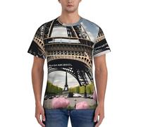 axzttupy Fleur Paris Tour Eiffel Imprimée Hommes T-shirts à manches courtes Entraînement Casual Sorties Confortable à porter au quotidien Sport, Noir , XL