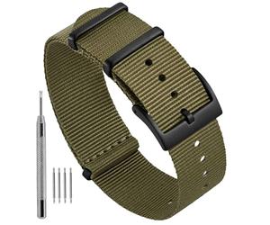 Ayadoo 20mm Bracelet de Montre en Nylon d'une Seule Pièce pour Hommes et Femmes, Sangles de Remplacement de Style Militaire, Vert Armée avec Boucle Noire