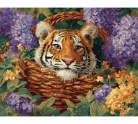 AYAOYANGGO Animal Point De Croix Kit Complet Panier De Fleurs Et Tigre Kits De Broderie Au Point De Croix Pré-Imprimés Et Estampillés Pour Adultes Et Débutants. 11CT 40x50cm