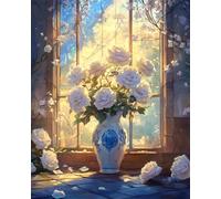 AYAOYANGGO Diy Ensemble De Perles À Broder Roses Blanches Dans Un Vase Kit De Broderie Au Point De Croix,Peinture Perlée À Faire Soi-Même,Bead Embroidery Kits 3D Décoration Murale 50x60cm