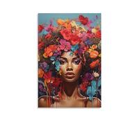 AYAROS Impression sur toile de femme noire moderne et magnifique motif fleurs