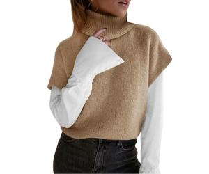 AYAZER 2023 Nouveau Pull à col roulé pour Femme Pull élégant et Confortable Hauts Automne et Hiver décontracté Lâche tricoté sans Manches Pull Gilet Pull-Kaki-XL