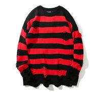 AYAZER 2023 Pulls rayés Punk Unisexe Pull Automne Creux Trou Cassé Pull Lâche Surdimensionné Pullouvers Harajuku Streetwear-Noir Rouge-XXL