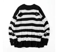 AYAZER 2023 Pulls rayés Punk Unisexe Pull Automne Creux Trou Cassé Pull Lâche Surdimensionné Pullouvers Harajuku Streetwear-Noir Blanc-XL