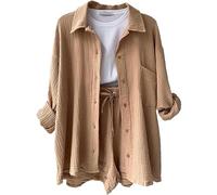 AYAZER Chemise à manches longues en tissu froissé deux pièces pour femmes européennes américaines, short taille haute avec cordon de serrage, grande mode casual-5-XL