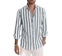 AYAZER Chemises Homme Chemise Décontractée en Coton et Lin Col Montant Rayure Manches Longues Hauts Amples Bleu Clair 4XL