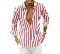 AYAZER Chemises pour Hommes Chemises décontractées en Coton et en Lin Col Montant Rayure Masculine Manches Longues Hauts Amples Printemps été Beaux Hommes Chemise-rose-6XL