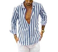 AYAZER Chemises pour Hommes Chemises décontractées en Coton et Lin Col Montant Rayure Masculine Manches Longues Hauts Amples Printemps été Beaux Hommes Chemise-Bleu-S