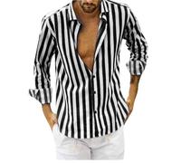 AYAZER Chemises pour Hommes Chemises décontractées en Coton et Lin Col Montant Rayure Masculine Manches Longues Hauts Amples Printemps été Beaux Hommes Chemise-Noir-L