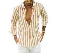 AYAZER Chemises pour Hommes Chemises décontractées en Lin de Coton Col Montant mâle Rayure Manches Longues Hauts Ample Printemps été Beaux Hommes Chemise-Jaune-XXL