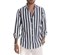 AYAZER Chemises pour Hommes Chemises décontractées en Lin de Coton Col Montant mâle Rayure Manches Longues Hauts Ample Printemps été Beaux Hommes Chemise-Bleu Marine-4XL