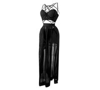 AYAZER Ensemble de Lingerie Gothique Sexy Trois Pièces pour Femmes Corset Noir Haut Court Bandage Slip Maille Jupe Fendue Costume Ensembles Exotiques -Noir-S