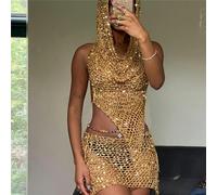 AYAZER Ensemble Deux pièces en Tricot à Paillettes ajourées pour Femme, Sexy, Dos Nu, sans Manches, à Capuche, Haut Bandeau, Taille Haute, Mini Jupe Slim, doré, S