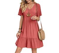 AYAZER Femmes A-Ligne Mini Robe Élégant Col en V À Manches Courtes Plage Vintage Volants Robe Femme Lâche Casual Solide Robes De Soirée Vestidos-Rouge-L