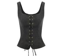 AYAZER Femmes Vintage Faux Daim Col Carré U Dos À Lacets Avant Gilet Manteau Gilet Renaissance Cosplay Costume Paysan Corsage-Solide Noir-XL