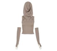 AYAZER Gilet sans manches à capuche pour femme - Couleur unie - Coupe ajustée - Nombril - Mode de rue - Kaki - L