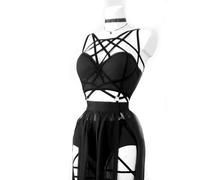 AYAZER Gothique Club Corset Jupe Sexy Ensemble Maille Dos Nu Femme sans Manches Foncé Haut Court Bandage Culotte Jupe 3 Pièces-Noir-M