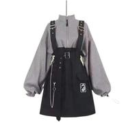 AYAZER Harajuku Uniforme Scolaire Fermeture Éclair Sport 2 Pièces Femmes Couture Noir Décontracté Robe Mi-Longue Indépendante Mode Coréenne Vêtements-Noir-M