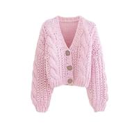 AYAZER Hauts en Tricot épais Faits à la Main pour Femmes, Cardigan Court en Tricot, Pull rétro à Manches Longues, Veste Chic-Rose-Taille Unique