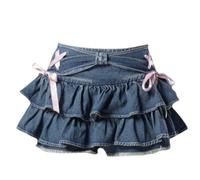 AYAZER Jupe en Jean Mini Femme Kawaii Taille élastique a-Ligne épissage Mignon Sexy Jupe en Jean à Volants Short été-Bleu-S