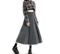 AYAZER Jupe plissée de Style Preppy pour Femme, Jupe Longue Taille Haute pour Femme, Jupe mi-Longue trapèze Grise de Style coréen-Gris-S