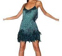 AYAZER Mini Robe Sexy à Franges et Plumes pour Femme - Bretelles Spaghetti - Robe de soirée élégante - Bleu - S