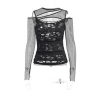 AYAZER Nouveau Gothique Maille T-Shirt À Manches Longues Femme Col Montant Coupe Slim Résille Chemise Transparente Coupe Carnaval Hauts Tops-Noir-M