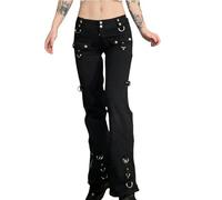 AYAZER Nouveau rétro Gothique Femmes Jean Ample Fermeture éclair esthétique collège foncé Streetwear Punk décontracté Denim Pantalon Flare Pantalon-Noir-L