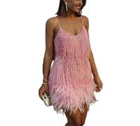 AYAZER Nouveau Sexy Gland Paillettes Plume Mini Robe Femmes Spaghetti Sangle Couture Robe Femmes Élégante Soirée Club Robe-Rose LYQ63-XL
