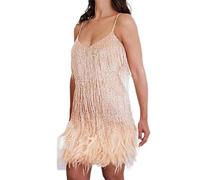 AYAZER Nouveau Sexy Gland Paillettes Plume Mini Robe Femmes Spaghetti Sangle Couture Robe Femmes Élégante Soirée Club Robe-Champagne LYQ63-XXXL