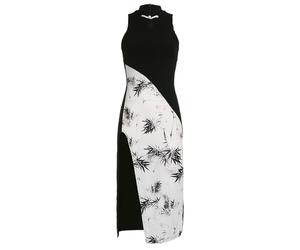 AYAZER Nouveau Style Chinois amélioré imprimé Noir et Blanc épissage Style Antique Cheongsam tempérament Mince élastique Robe Fendue Haute été-Noir et Blanc-S