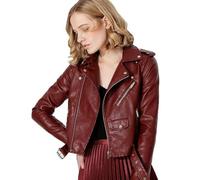 AYAZER Printemps et Automne Veste en Cuir PU avec Fermeture Éclair Multicolore Veste de Ceinture Courte Vêtements de Moto-Bourgogne-L