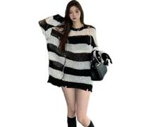 AYAZER Pull tricoté à Rayures Creuses pour Femmes, Nouveau Style mi-Long d'automne, Veste supérieure de Pull de Style Pur Paresseux - Noir et Blanc [Pull tricoté] - XL 121-135 catties