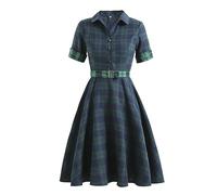 AYAZER Robe Chemise boutonnée Vintage à Carreaux Bleu Vert avec Ceinture Tunique en Coton de Printemps Robe midi élégante pour Femme-Robe rétro à Carreaux-S