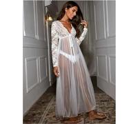 AYAZER Robe de Nuit Creuse en Dentelle et Maille pour Femme, Transparente, Longue, sous-vêtements, Lingerie, Nuisette, vêtements de Nuit, Blanc, M