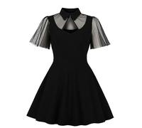 AYAZER Robe Gothique Noire à Manches Filet en Dentelle Col Claudine Robe de soirée Gothique Sexy Robe rétro élégante d'été pour Femmes Nouveau Style-Robe Gothique Noire-M