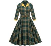 AYAZER Robe Hepburn à Carreaux Verts de Style Anglais, Automne, col Rabattu, Manches 3/4, rétro Vintage -1-M