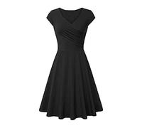 AYAZER Robe Soiree, Summer Dress Femme Soirée Madame Midi Mariage Cocktail Comfy Polyester Casual Souple Manche Court Cocktail Femme Uni Plissée Col V été Noir L