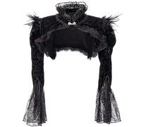 AYAZER Veste Boléro Gothique Victorienne Noire pour Femme avec Plumes Col Montant Manches Longues en Dentelle et Vestes en Velours Côtelé-Noir-M