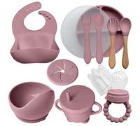 AYBABY Coffret Repas en Silicone pour Bébé (10 pièces) - Assiette & Bol Antidérapants avec Ventouse/Couverts (Fourchette et Cuillère) / Tasse Hermétique/Bavoir & Grignoteuse - Cadeau Naissance (rose)