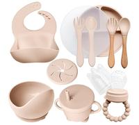 AYBABY Coffret Repas en Silicone pour Bébé (10 pièces) - Assiette & Bol Antidérapants avec Ventouse/Couverts (Fourchette et Cuillère) / Tasse Hermétique/Bavoir & Grignoteuse - Cadeau Naissance (Beige)