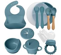 AYBABY Coffret Repas en Silicone pour Bébé (10 pièces) - Assiette & Bol Antidérapants avec Ventouse/Couverts (Fourchette et Cuillère) / Tasse Hermétique/Bavoir & Grignoteuse - Cadeau Naissance (bleu)